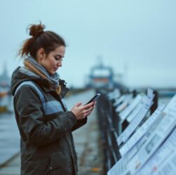 Une femme en tenue de travail devant le port de Lorient consulte des offres d’intérim sur smartphone.