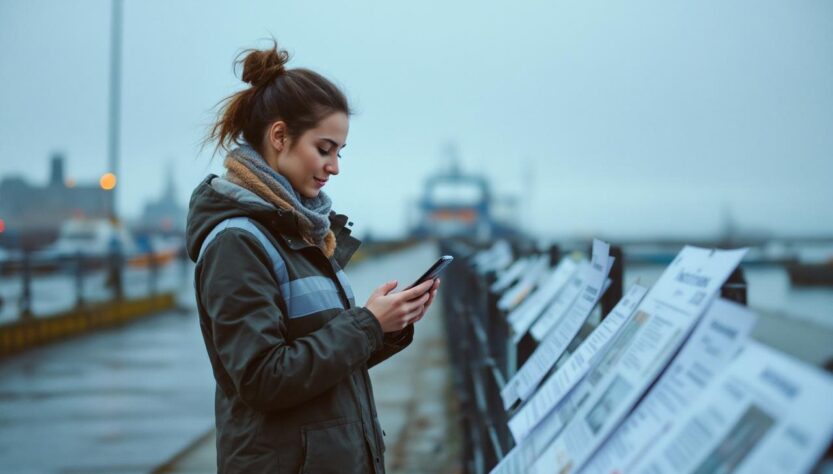 Une femme en tenue de travail devant le port de Lorient consulte des offres d’intérim sur smartphone.