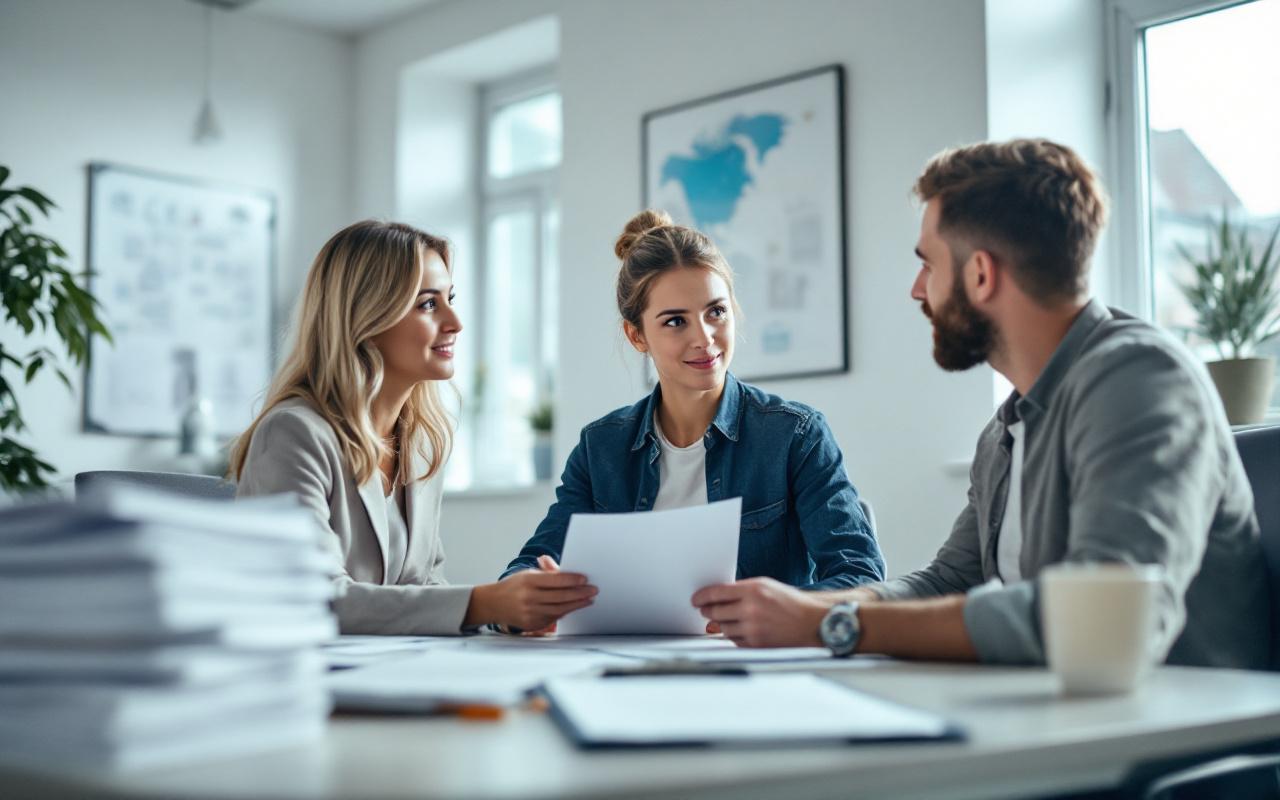 Entretien dans une agence d’intérim à Lorient : une femme échange avec un homme autour de CV de logistique et BTP sur une table, dans une ambiance lumineuse et documentaire.