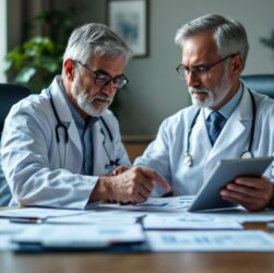 Un médecin libéral, un homme d’âge mûr en blouse blanche, analyse dans son cabinet un contrat PERIN. Il examine des documents fiscaux et consulte sur une tablette des graphiques de retraite et de projection de revenus, au milieu d’un bureau soigné.
