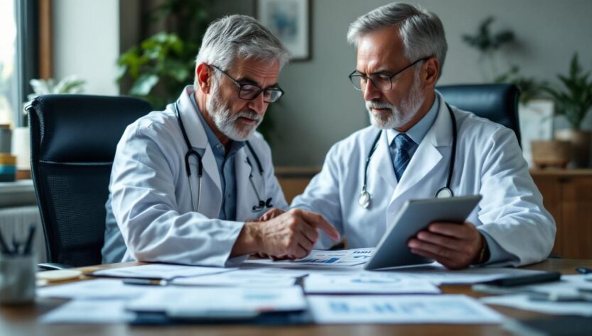 Un médecin libéral, un homme d’âge mûr en blouse blanche, analyse dans son cabinet un contrat PERIN. Il examine des documents fiscaux et consulte sur une tablette des graphiques de retraite et de projection de revenus, au milieu d’un bureau soigné.