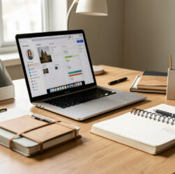 Bureau moderne et lumineux avec un ordinateur portable ouvert, un tableau de bord, un agenda et des outils de gestion posés sur le bureau.