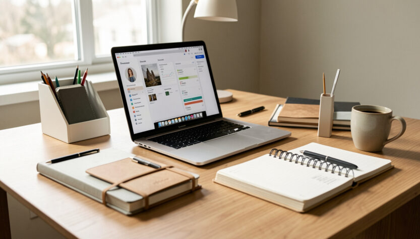 Bureau moderne et lumineux avec un ordinateur portable ouvert, un tableau de bord, un agenda et des outils de gestion posés sur le bureau.