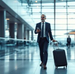 Un dirigeant d’entreprise marche dans un terminal d’aéroport, tenant une valise cabine et un smartphone, dans une ambiance sobre et professionnelle.