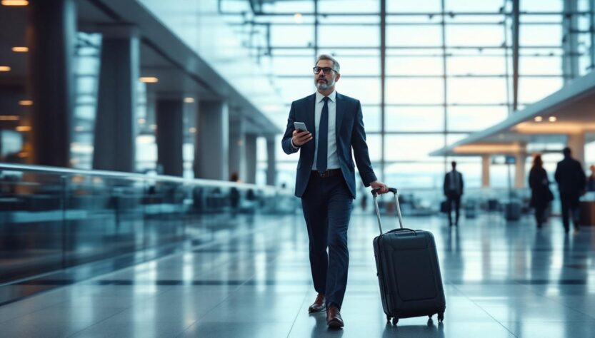 Un dirigeant d’entreprise marche dans un terminal d’aéroport, tenant une valise cabine et un smartphone, dans une ambiance sobre et professionnelle.