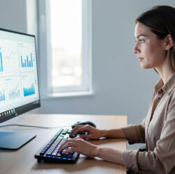 Une femme indépendante travaille à son bureau moderne et analyse un tableau de bord sur un ordinateur, avec une ambiance professionnelle, lumière naturelle et accents LED.