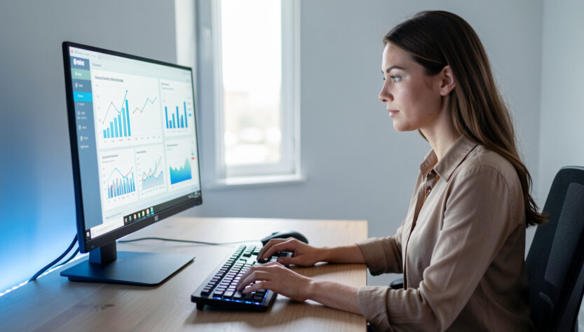 Une femme indépendante travaille à son bureau moderne et analyse un tableau de bord sur un ordinateur, avec une ambiance professionnelle, lumière naturelle et accents LED.