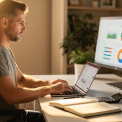 Un homme indépendant travaille sur ordinateur, consultant un tableau de bord de comptabilité en ligne avec des graphiques de trésorerie, dans un bureau lumineux et ordonné.