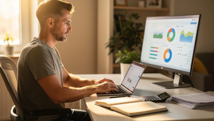 Un homme indépendant travaille sur ordinateur, consultant un tableau de bord de comptabilité en ligne avec des graphiques de trésorerie, dans un bureau lumineux et ordonné.