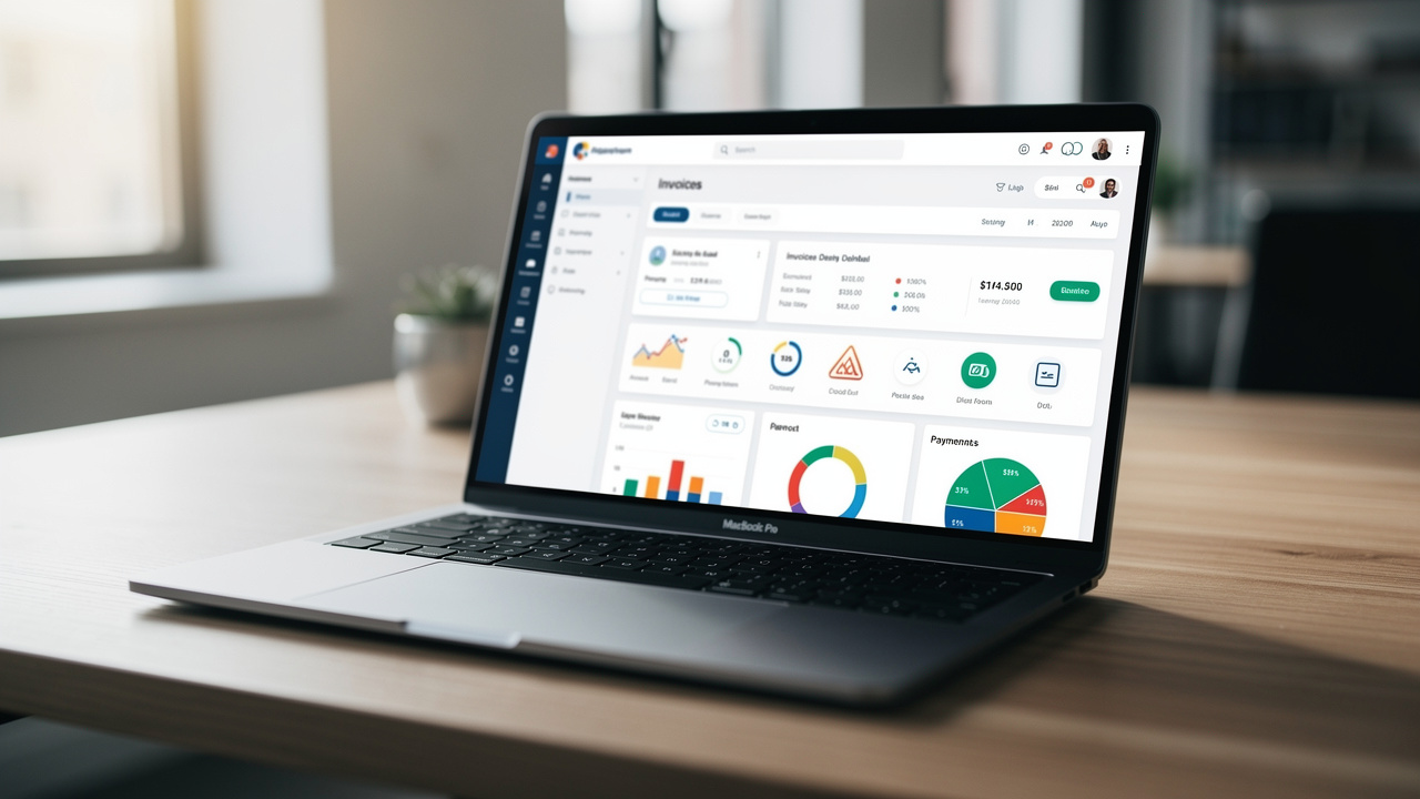 Interface de logiciel comptable cloud sur un ordinateur portable, affichant des tableaux de facturation, des encaissements et des indicateurs financiers pour un freelance.