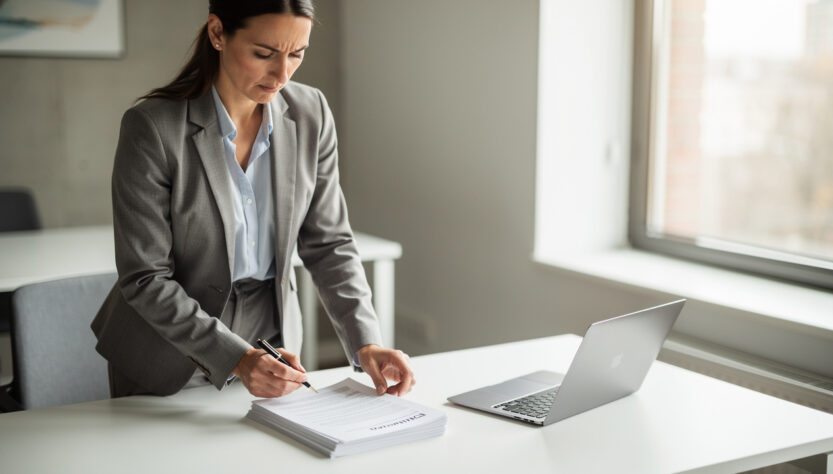 Consultant indépendant consultant et comparant des documents de mission devant un bureau sobre, avec un ordinateur portable, dans un bureau moderne éclairé par la lumière du jour.