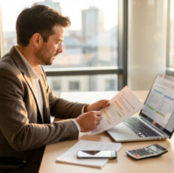 Entrepreneur freelance devant un bureau moderne, comparant sur ordinateur plusieurs options de statut professionnel, avec des documents et des accessoires de calcul sur la table.