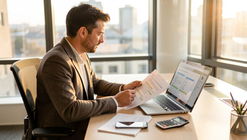 Entrepreneur freelance devant un bureau moderne, comparant sur ordinateur plusieurs options de statut professionnel, avec des documents et des accessoires de calcul sur la table.