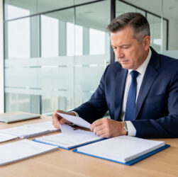 Un homme dirigeant examine des dossiers financiers soigneusement organisés sur un bureau en bois dans un bureau moderne et lumineux.