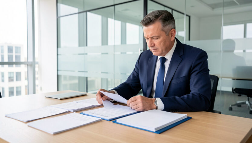 Un homme dirigeant examine des dossiers financiers soigneusement organisés sur un bureau en bois dans un bureau moderne et lumineux.