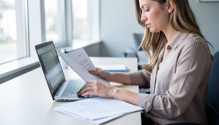Une femme travaille sur un ordinateur portable dans un bureau moderne, consulte des documents imprimés et organise des dossiers, dans une ambiance professionnelle lumineuse.