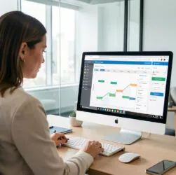 Une responsable des ressources humaines analyse un tableau visuel de suivi des horaires sur un ordinateur dans un bureau moderne et lumineux.