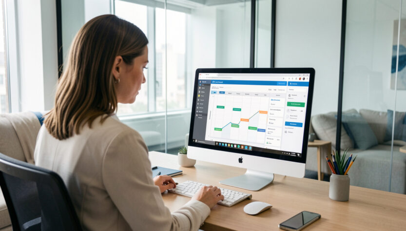 Une responsable des ressources humaines analyse un tableau visuel de suivi des horaires sur un ordinateur dans un bureau moderne et lumineux.