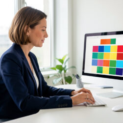 Une responsable des ressources humaines organise le planning d’une équipe sur un ordinateur dans un bureau lumineux et professionnel.