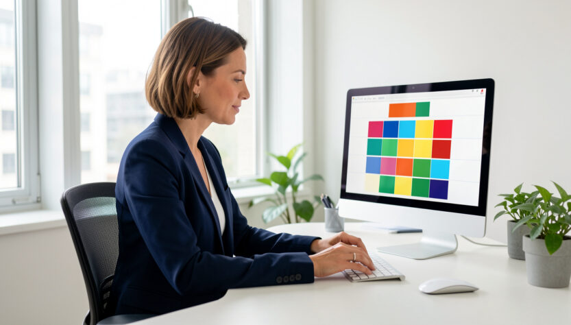 Une responsable des ressources humaines organise le planning d’une équipe sur un ordinateur dans un bureau lumineux et professionnel.