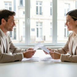 Un homme et une femme dirigeants échangent des documents financiers vierges dans un bureau lumineux à Lille, dans une ambiance professionnelle et collaborative.