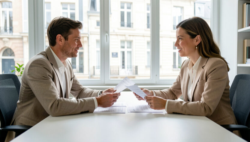 Un homme et une femme dirigeants échangent des documents financiers vierges dans un bureau lumineux à Lille, dans une ambiance professionnelle et collaborative.