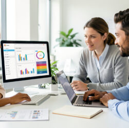 Équipe composée de deux femmes et deux hommes analysant ensemble un tableau de données organisé sur un ordinateur dans un bureau lumineux et professionnel.