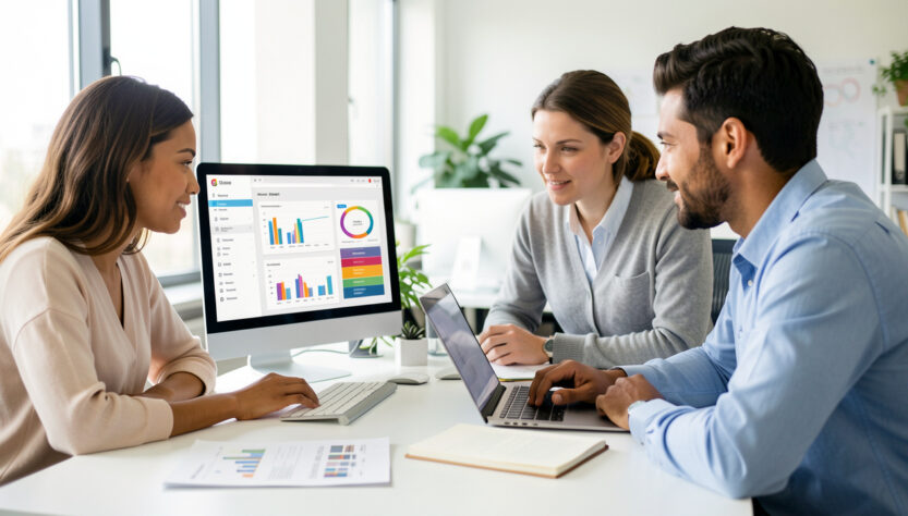 Équipe composée de deux femmes et deux hommes analysant ensemble un tableau de données organisé sur un ordinateur dans un bureau lumineux et professionnel.