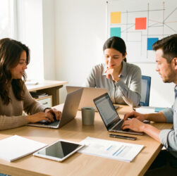 Équipe de PME composée de deux femmes et d’un homme réunie autour d’un bureau avec ordinateurs, documents vierges et tableaux de suivi visuels.