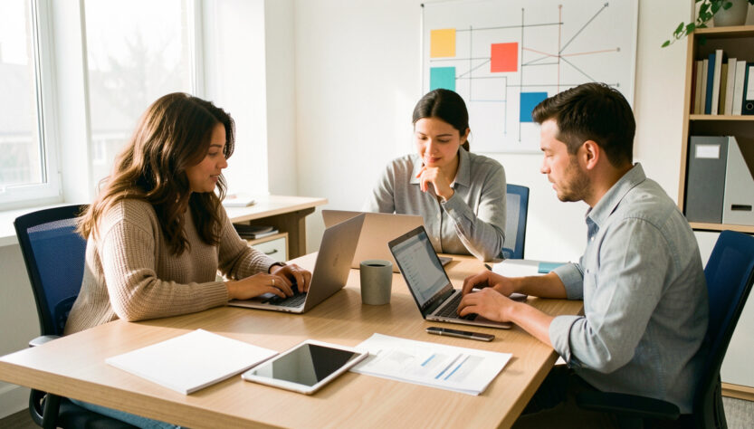 Équipe de PME composée de deux femmes et d’un homme réunie autour d’un bureau avec ordinateurs, documents vierges et tableaux de suivi visuels.
