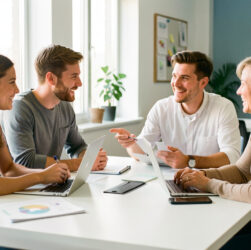 Équipe diversifiée réunie dans un espace de travail moderne et lumineux pour présenter une culture d’entreprise accueillante.