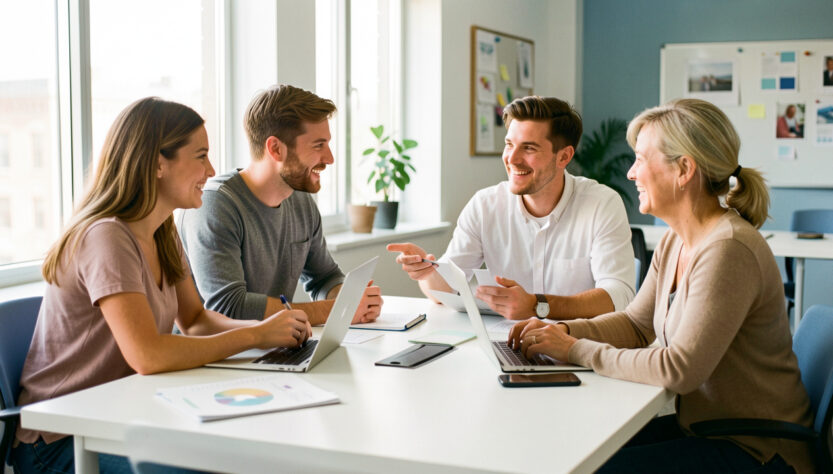 Équipe diversifiée réunie dans un espace de travail moderne et lumineux pour présenter une culture d’entreprise accueillante.