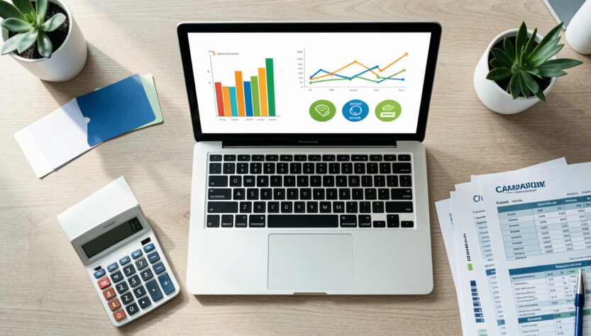 Espace de travail analytique montrant un ordinateur avec des graphiques abstraits, une calculatrice et des documents de budget pour évaluer la rentabilité de campagnes marketing.