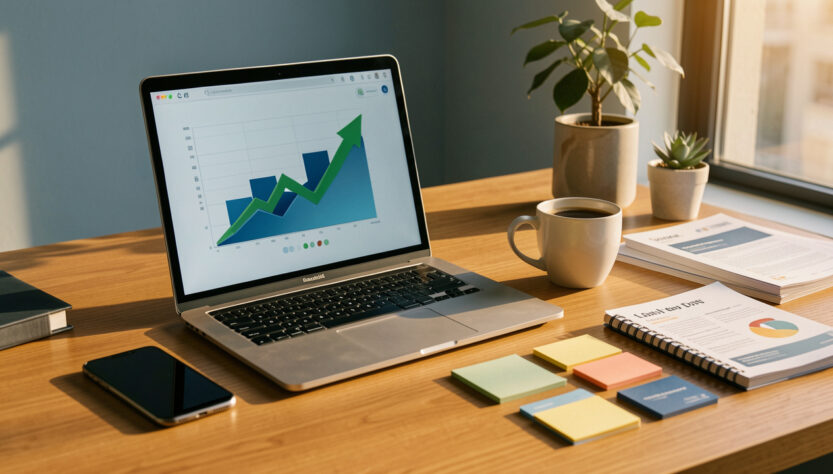 Bureau moderne de PME avec ordinateur affichant des graphiques abstraits, supports de planification vierges et accessoires professionnels, évoquant une stratégie de génération de prospects sur 90 jours.