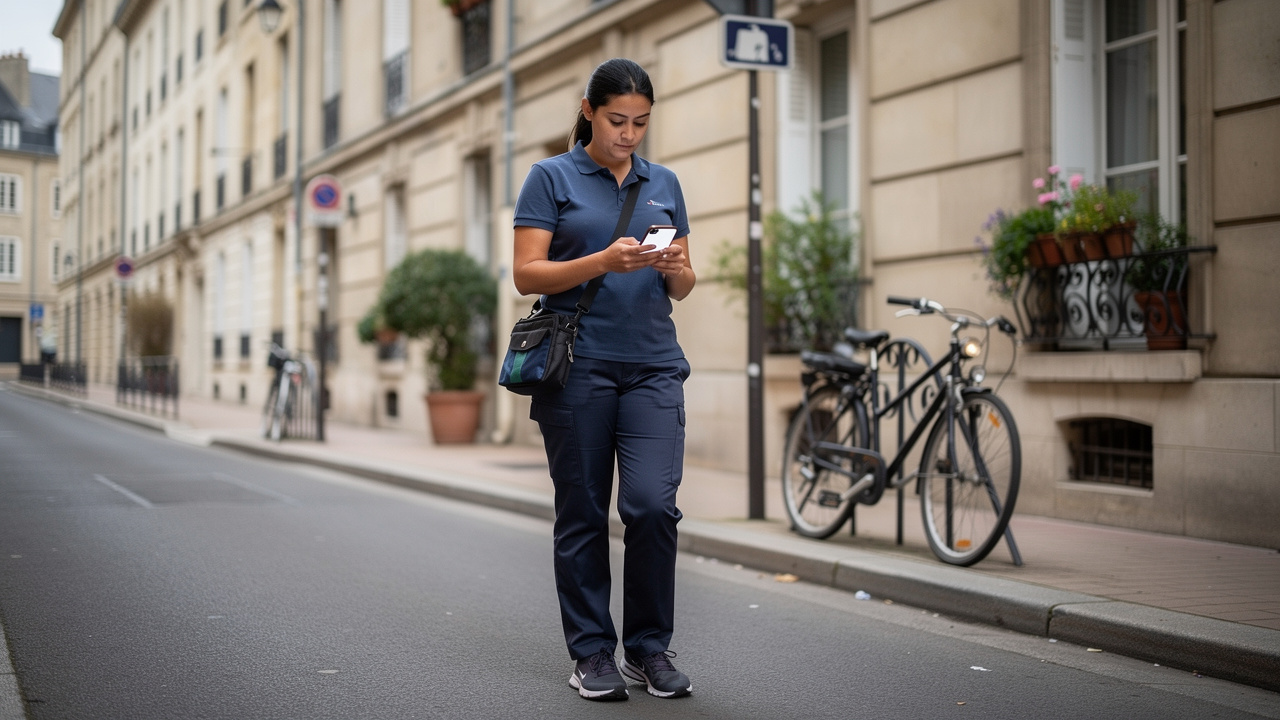 Une femme aide ménagère en tenue de travail consulte son smartphone dans une rue résidentielle de Nantes avant une intervention à domicile.
