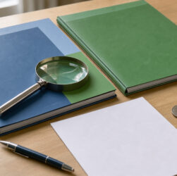 Bureau professionnel présentant deux dossiers d’assurance responsabilité civile comparés avant signature, avec une loupe, un stylo et quelques pièces évoquant un budget maîtrisé.