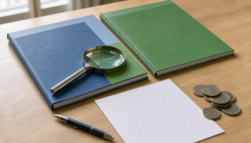Bureau professionnel présentant deux dossiers d’assurance responsabilité civile comparés avant signature, avec une loupe, un stylo et quelques pièces évoquant un budget maîtrisé.