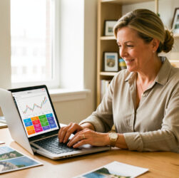 Une dirigeante d’agence de voyages analyse des graphiques financiers et des blocs de réservations abstraits sur un ordinateur, dans un bureau lumineux et professionnel.