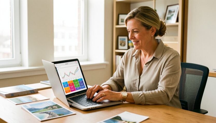 Une dirigeante d’agence de voyages analyse des graphiques financiers et des blocs de réservations abstraits sur un ordinateur, dans un bureau lumineux et professionnel.
