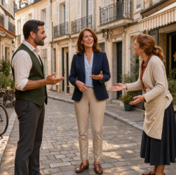 Une dirigeante de petite entreprise échange avec un commerçant et une commerçante dans une rue lumineuse d’un centre-ville français.
