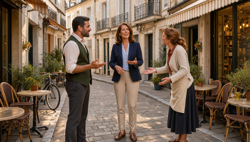 Une dirigeante de petite entreprise échange avec un commerçant et une commerçante dans une rue lumineuse d’un centre-ville français.