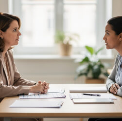 Une responsable d’agence et une candidate échangent dans un bureau lumineux à Nantes, avec des documents de planning vierges posés sur la table.